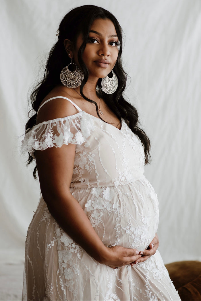 Ivory Floral Embroidered Mesh Maternity Evening Gown