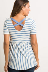 PinkBlush Blue Striped Cross Back Peplum Top