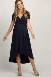 PinkBlush Navy Blue Solid Hi-Low Maternity Wrap Dress