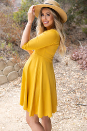 Mustard Solid Scalloped Hem Maternity Dress