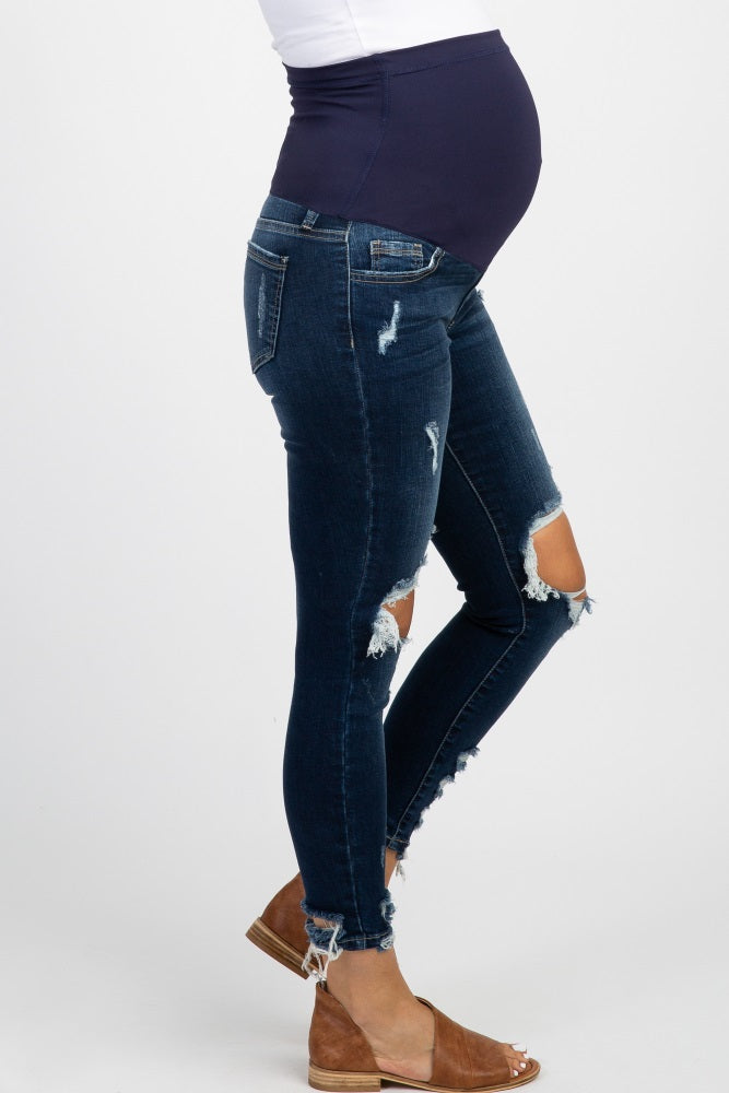 Navy Distressed Raw Cut Maternity Skinny Jeans
