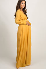 Yellow Chiffon Long Sleeve Pleated Maternity Maxi Dress