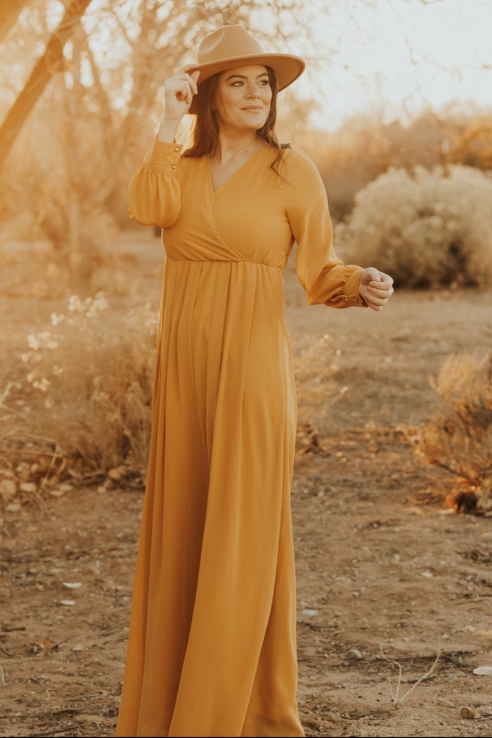 Yellow Chiffon Long Sleeve Pleated Maxi Dress