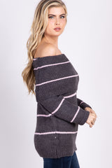 Charcoal Striped Knit Foldover Sweater