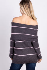 Charcoal Striped Knit Foldover Sweater