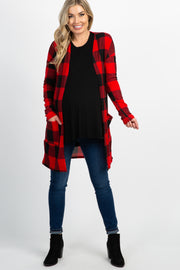 Red Plaid Long Sleeve Maternity Cardigan