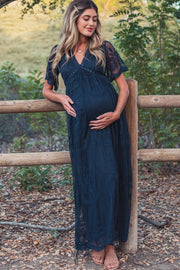 PinkBlush Navy Blue Lace Mesh Overlay Maternity Maxi Dress