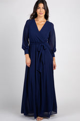 Navy Chiffon Long Sleeve Pleated Maternity Maxi Dress