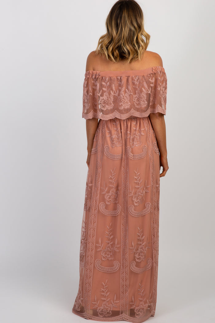 Light Pink Lace Mesh Overlay Off Shoulder Maxi Dress