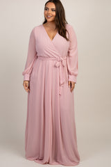 Light Pink Chiffon Long Sleeve Pleated Plus Maxi Dress