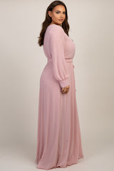 Light Pink Chiffon Long Sleeve Pleated Plus Maxi Dress