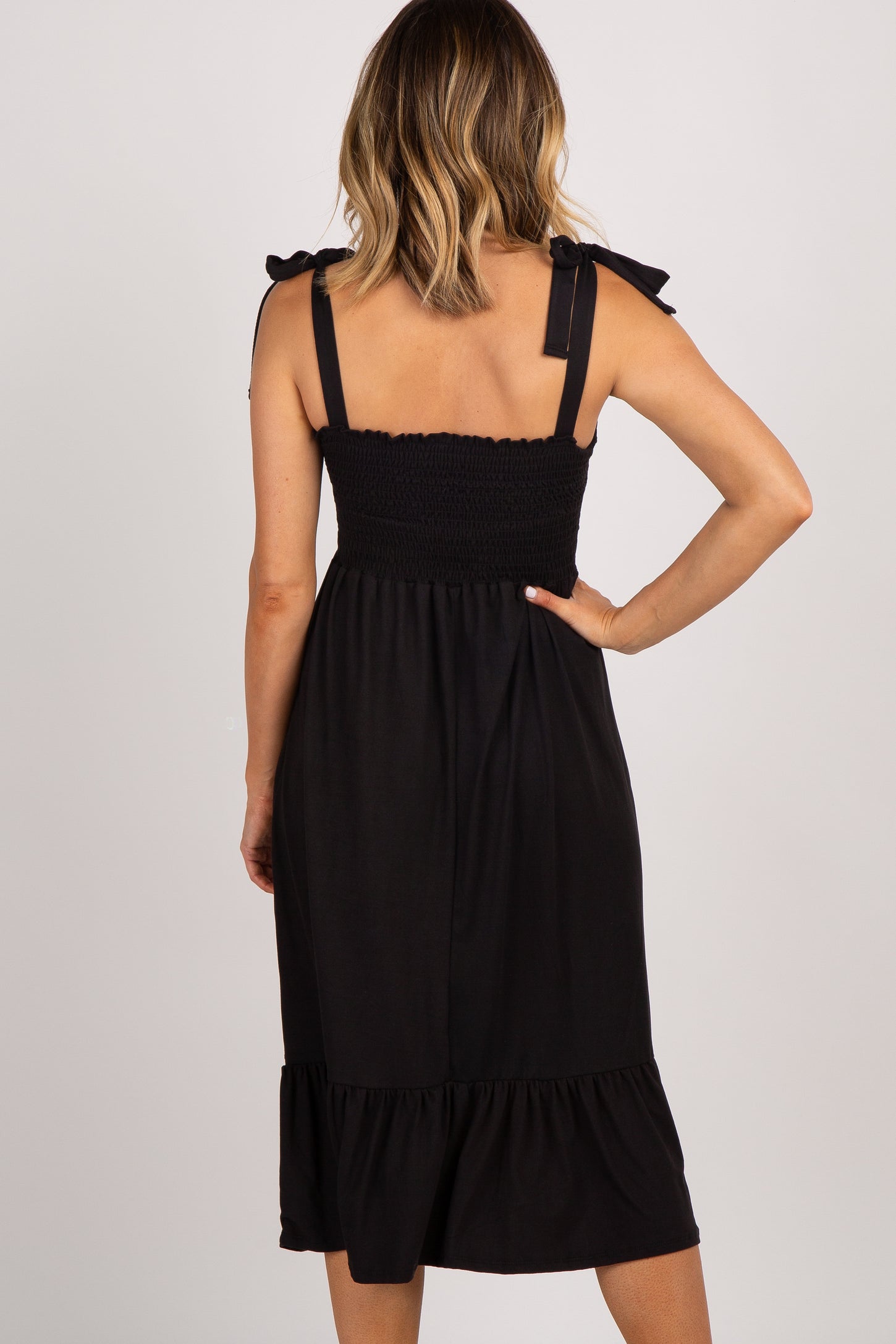 Black Solid Self-Tie Smocked Midi Dress