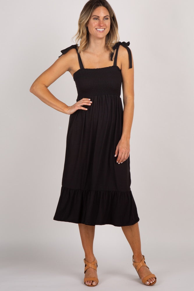 Black Solid Self-Tie Smocked Maternity Midi Dress