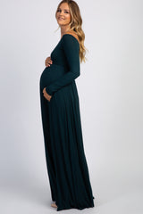 PinkBlush Forest Green Solid Off Shoulder Maternity Maxi Dress