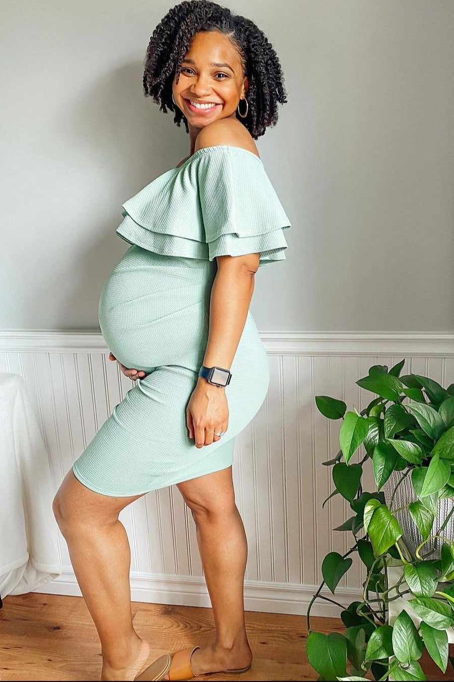 Sage Off Shoulder Fitted Maternity Dress