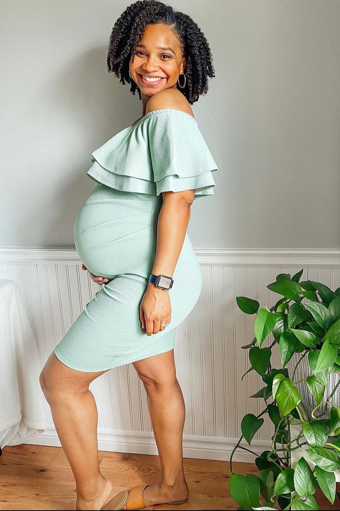 Sage Off Shoulder Fitted Maternity Dress