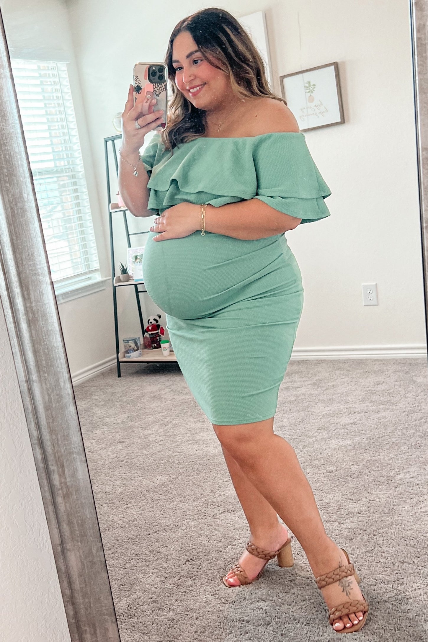 Sage Off Shoulder Fitted Maternity Dress