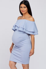 Light Blue Ruffle Off Shoulder Ruched Maternity Dress