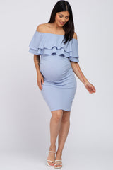 Light Blue Ruffle Off Shoulder Ruched Maternity Dress