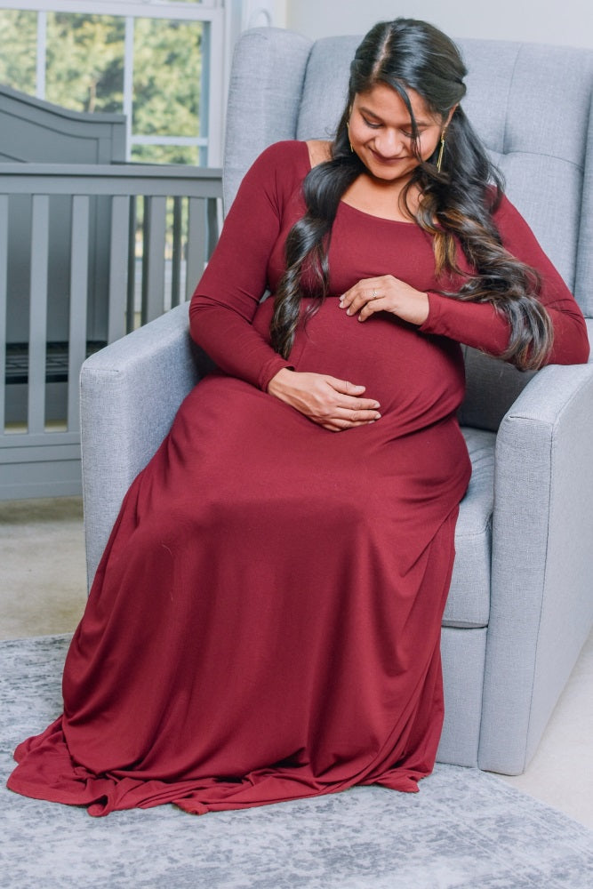 PinkBlush Petite Dark Burgundy Solid Off Shoulder Maternity Maxi Dress