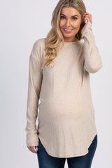 Beige Long Sleeve Ribbed Maternity Top