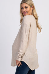 Beige Long Sleeve Ribbed Maternity Top