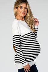 PinkBlush Ivory Striped Elbow Patch Knit Maternity Sweater