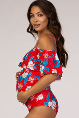 Red Floral Ruffle Trim Ruched One-Piece Maternity Swimsuit