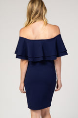Navy Ruffle Off Shoulder Ruched Maternity Dress