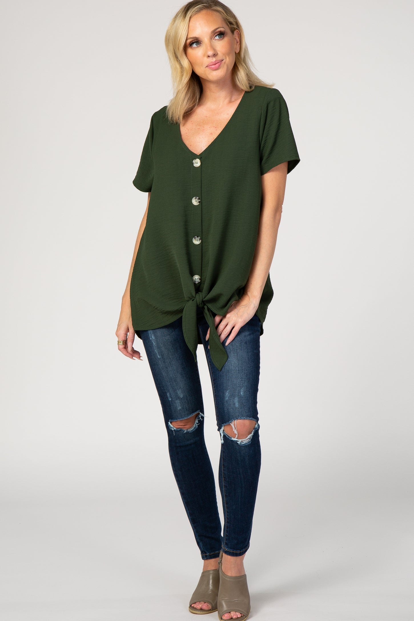 Olive Button Tie Front Top