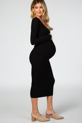 Black V-Neck Long Sleeve Fitted Maternity Maxi Dress