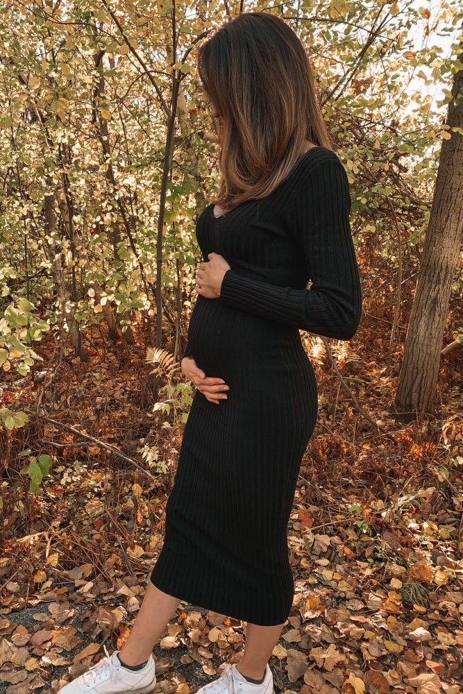 Black V-Neck Long Sleeve Fitted Maternity Maxi Dress