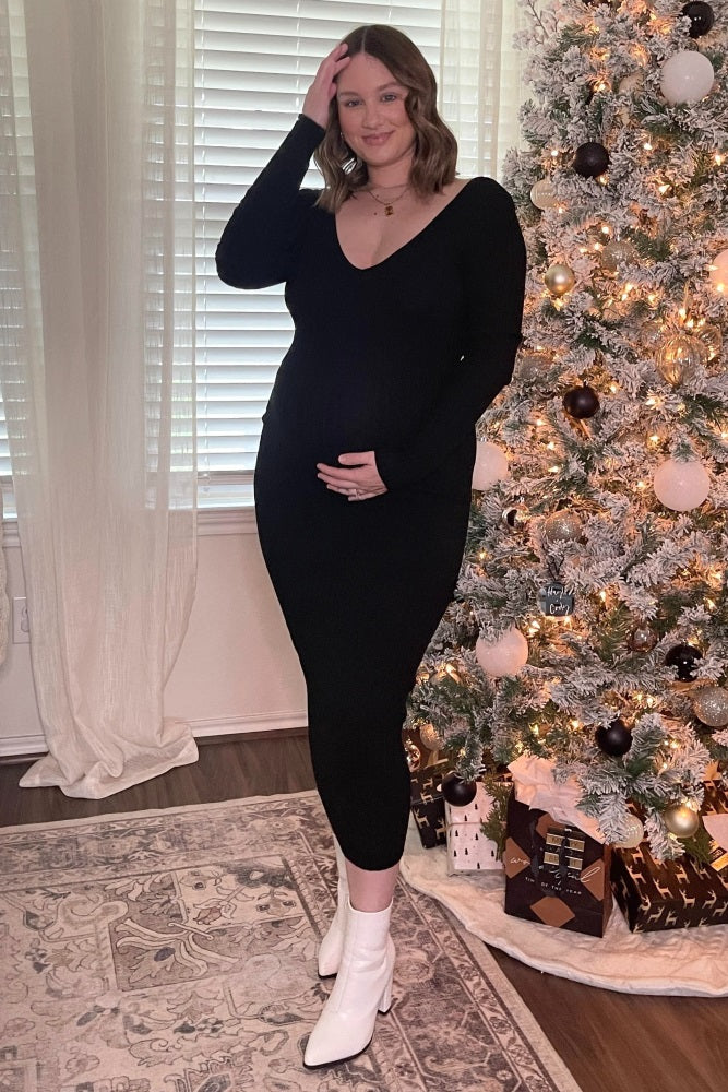 Black V-Neck Long Sleeve Fitted Maternity Maxi Dress