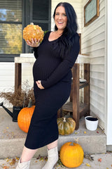 Black V-Neck Long Sleeve Fitted Maternity Maxi Dress
