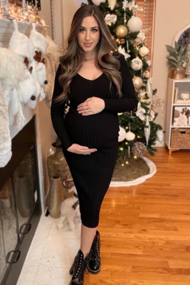 Black V-Neck Long Sleeve Fitted Maternity Maxi Dress
