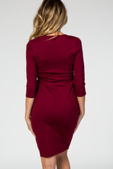Burgundy 3/4 Sleeves Front Pleated Maternity Dress