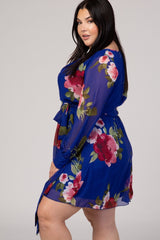 Royal Blue Floral Chiffon Plus Wrap Dress