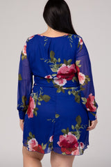 Royal Blue Floral Chiffon Plus Wrap Dress