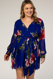 Royal Blue Floral Chiffon Maternity Plus Wrap Dress