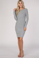 Heather Grey Ribbed Knit Long Sleeve Dress