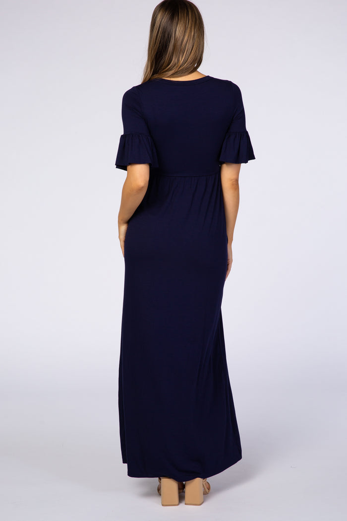 Navy Blue Button Ruffle Sleeve Maternity Maxi Dress