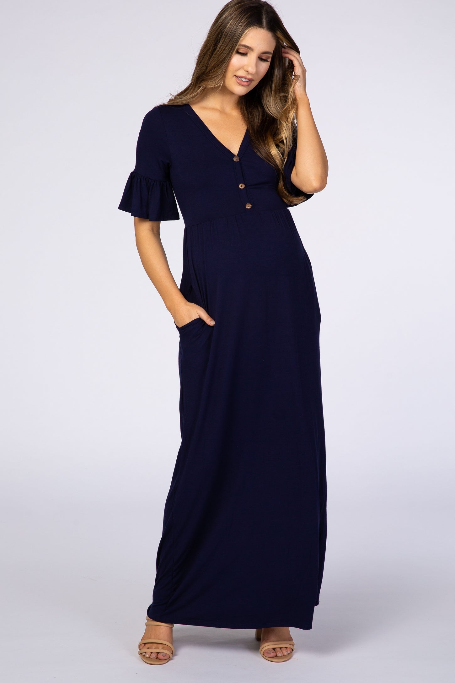 Navy Blue Button Ruffle Sleeve Maternity Maxi Dress