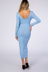 Light Blue V-Neck Long Sleeve Fitted Maternity Maxi Dress