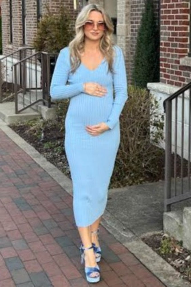 Light Blue V-Neck Long Sleeve Fitted Maternity Maxi Dress