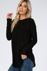 Black Long Sleeve Round Hem Textured Top