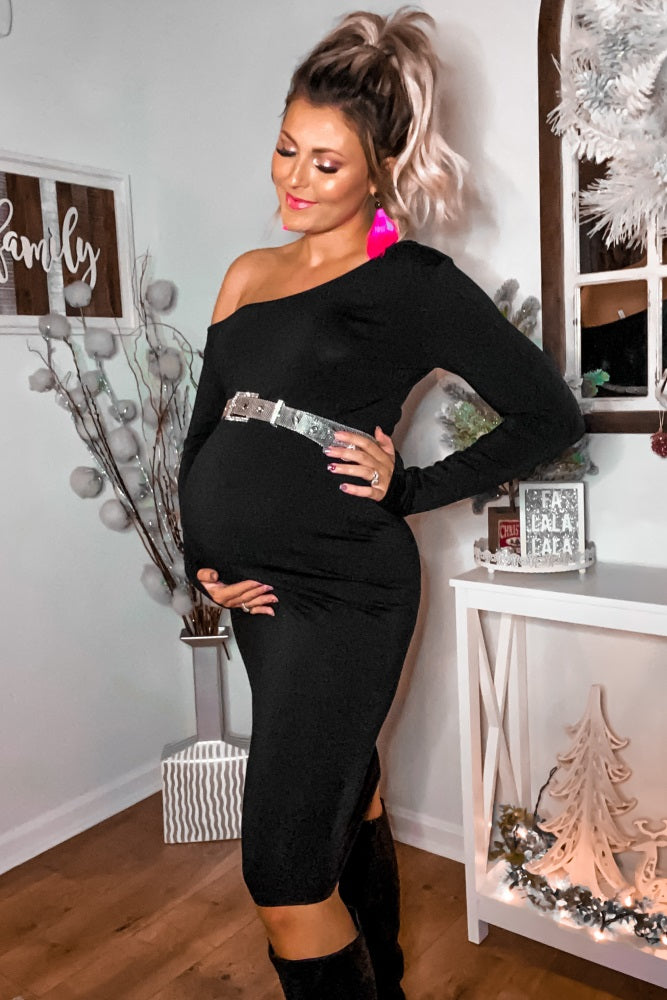 PinkBlush Black One Shoulder Fitted Midi Maternity Dress