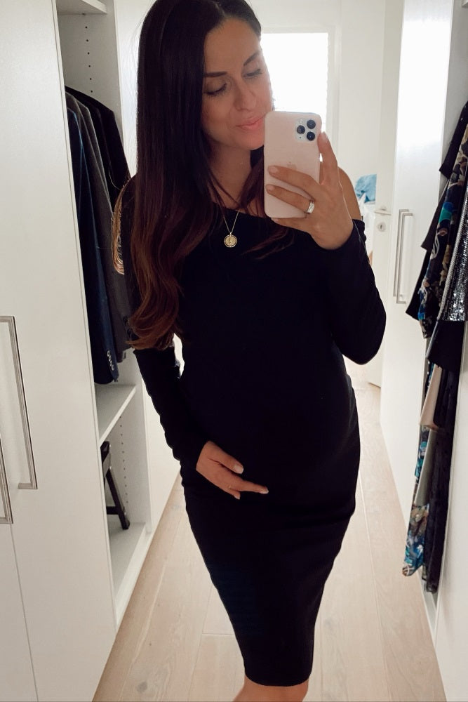 PinkBlush Black One Shoulder Fitted Midi Maternity Dress