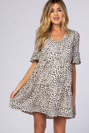 Beige Animal Print Ruffle Sleeve Maternity Dress