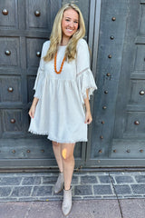 Beige Raw Edge Bell Sleeve Babydoll Dress