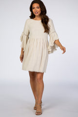 Beige Raw Edge Bell Sleeve Babydoll Maternity Dress